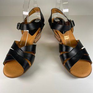 Size 10 Black Strappy Leather Korks with Low Cork Heel and ankle strap